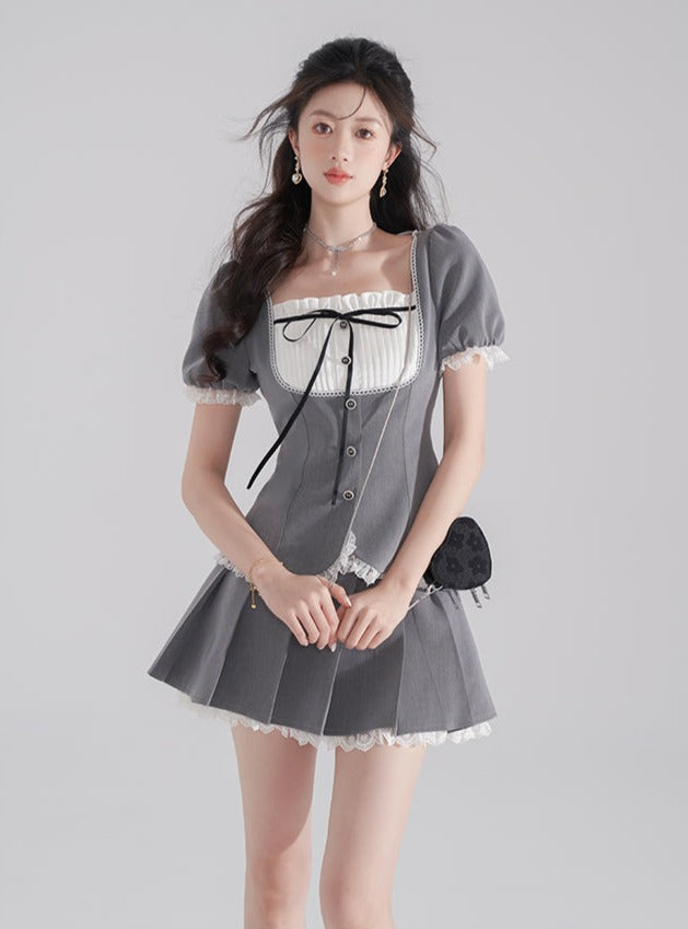 Süßes Schleifenoberteil Faltenrock Set-up