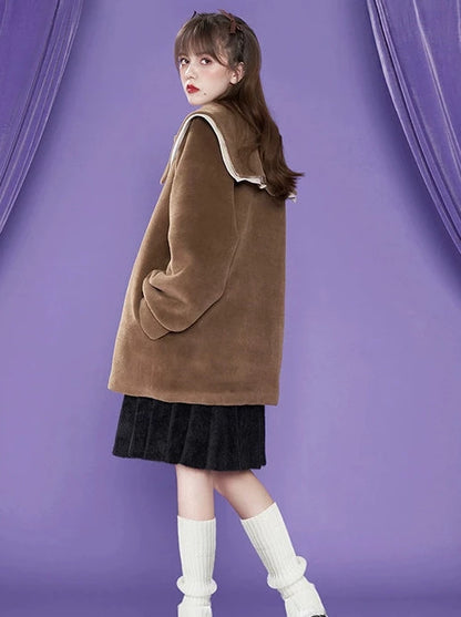 Brown Lapel Short Loose Warm Fur Coat