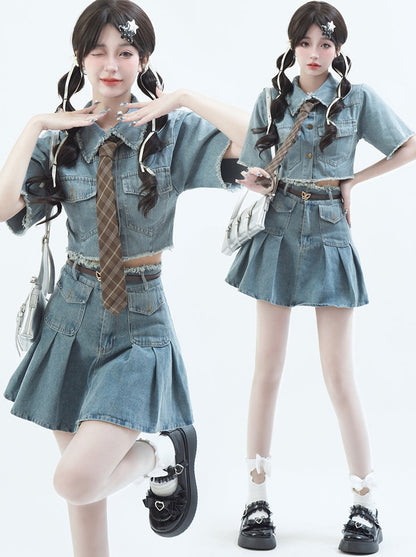 Denim tops with spicy college tie + denim skirt