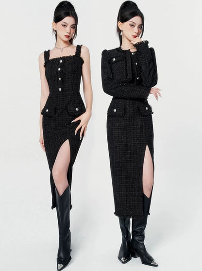 Mode Chic Short Tweed Jacket + Slit Long Tweed Dress