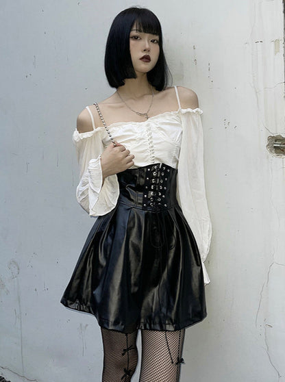 Off shoulder frill top + lace up corset taste leather skirt