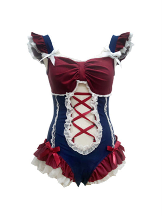 Frilled Shoulder Pearl Ribbon Decoration Idol Taste Onepiece Swimsuit