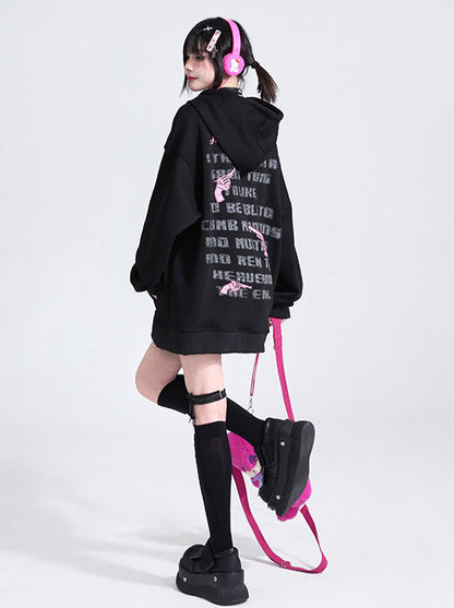 Black Letter Print Oversized Hoodie Jacket