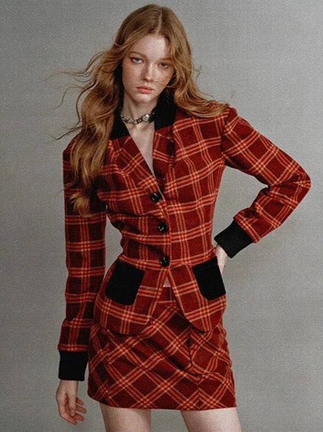 American Retro Red Check Blazer Skirt Two Piece Suit