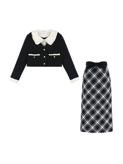 High-end ruffle collar layered short padded jacket + checked skirt