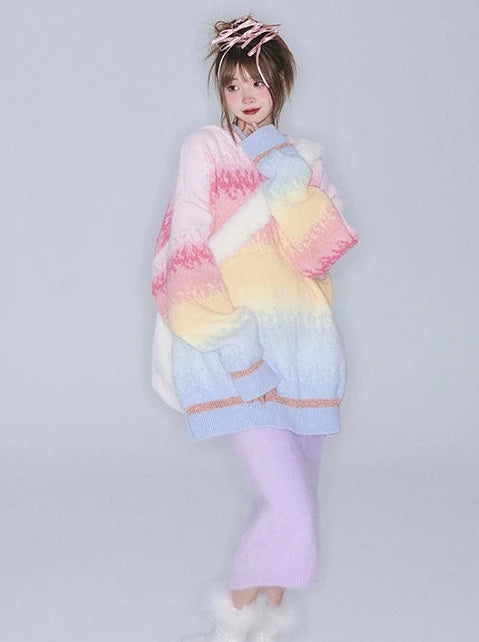 Pastel Color Lazy Loose Pullover Hooded Knit Sweater