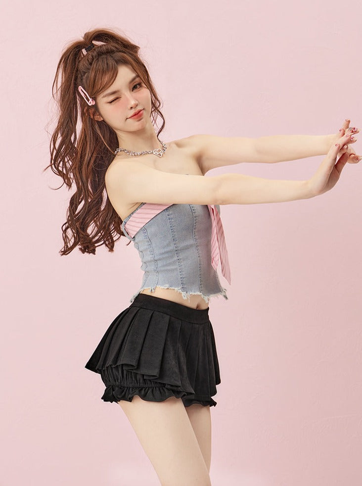 Wash denim tube top with tie