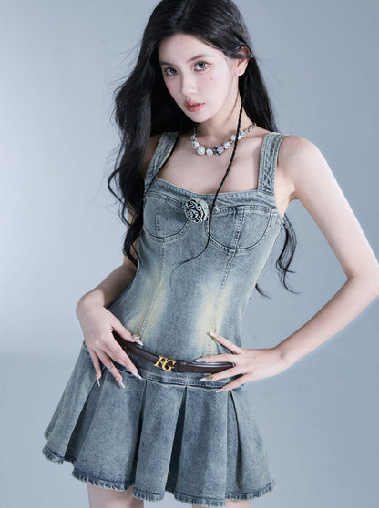 Denim Rose Suspender One Piece