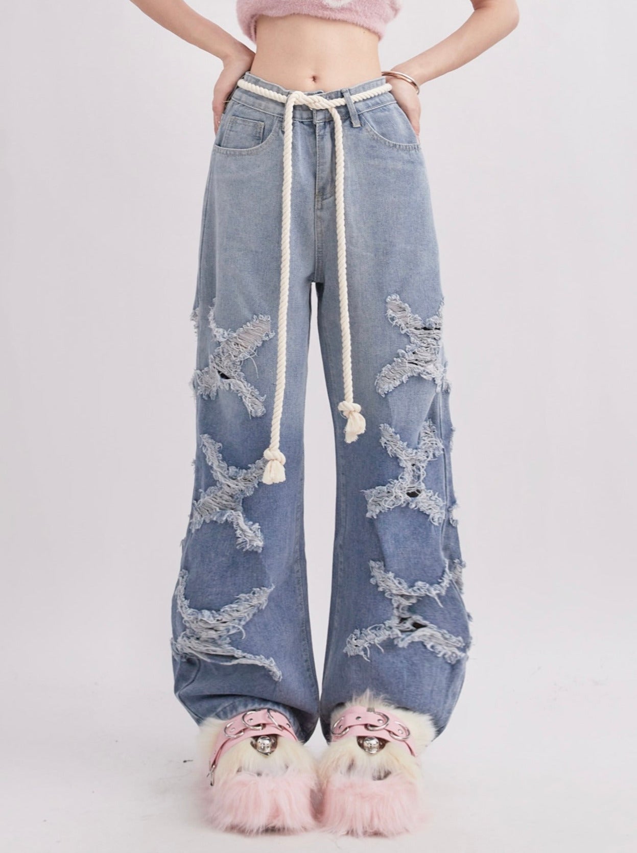 Hip -hop High Striped Design Straight Wide Drape Denim Pants