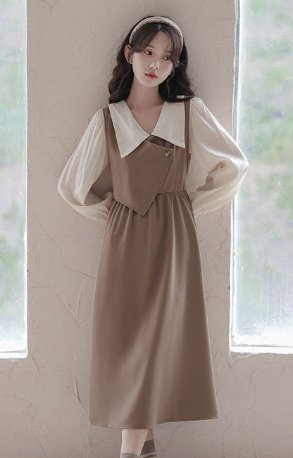 Pointed Collar Volume Sleeve French Asymmetric Layered Dress