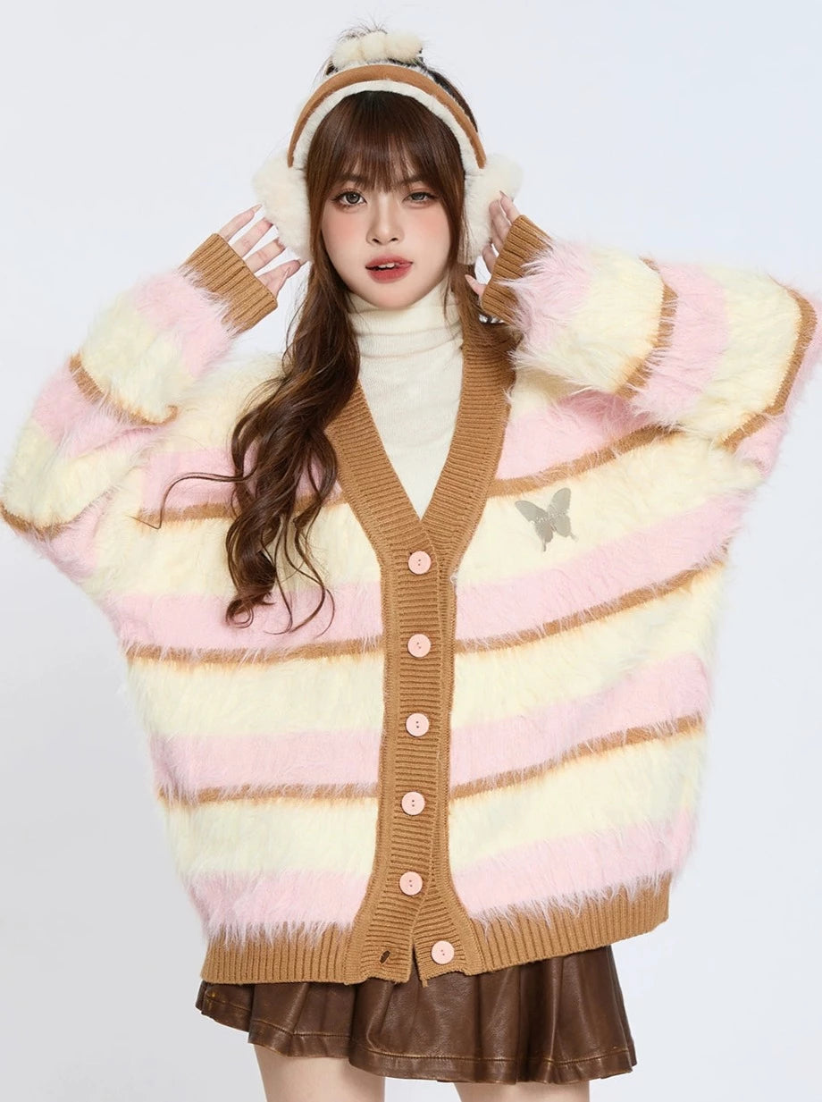 Retro Contrast Striped Fur V-Neck Cardigan