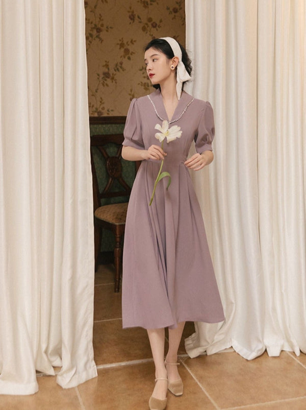 Puff Sleeve Back Bow French Classical Dress