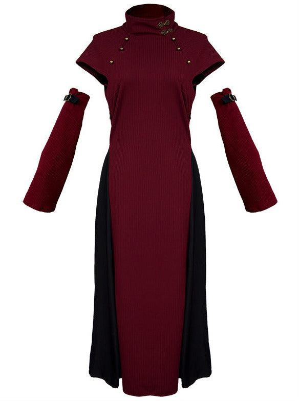 Retro Wine Red Black Oriental China Style Trumpet Sleeve Long Dress