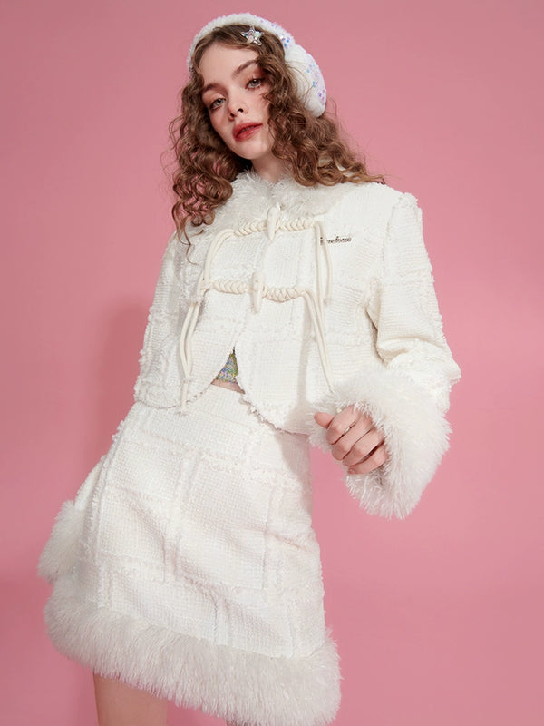 Fur Splicing Jacket Skirt Blooming Suit