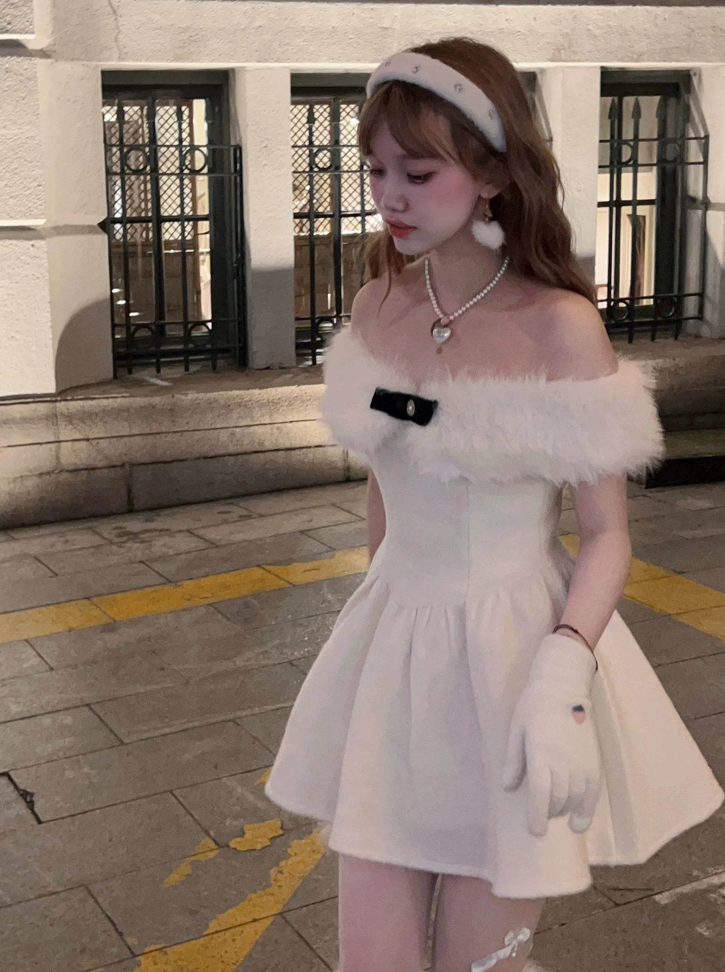 White Fur Off Shoulder Dress