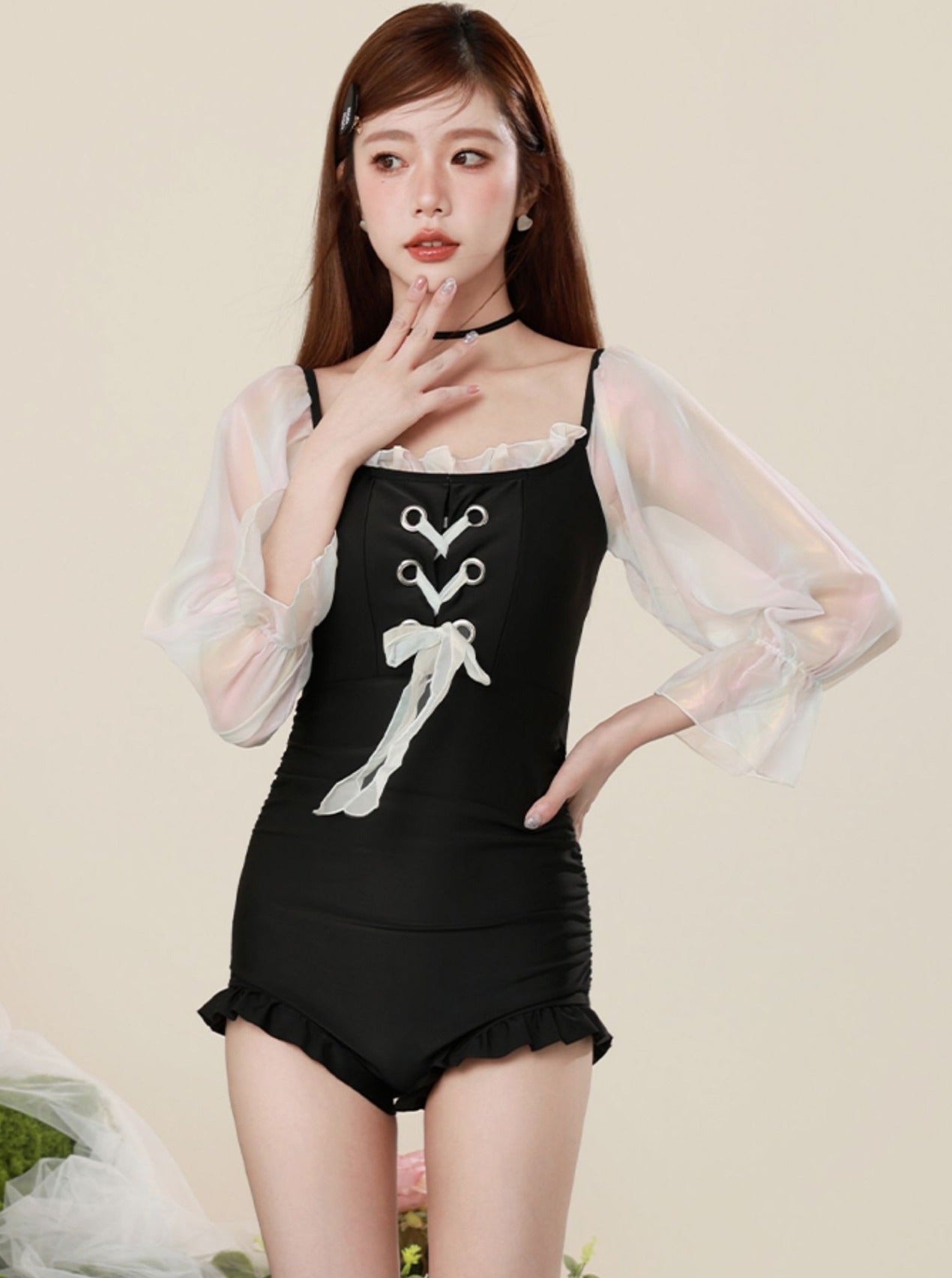 Race Up Sheer Sleeve All -in Swimsuit