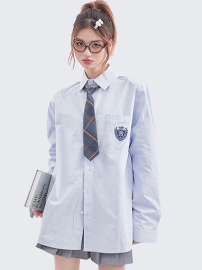 Stand -up color loose retro shirt with tie