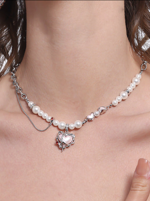 Pink Love Pearl Asymmetrical Design Necklace