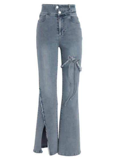 High Waist Slit Denim Flared Pants