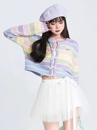 レインボーストライプスイートリボンショートニットセーター