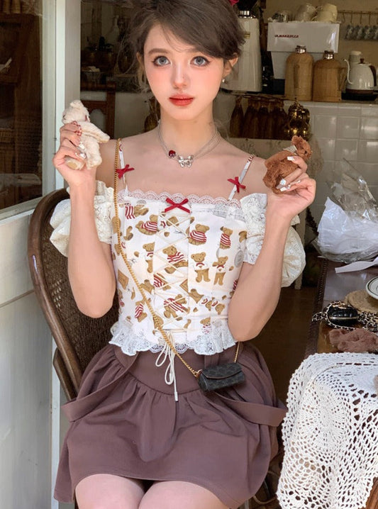 キュートベアプリントレースTシャツ