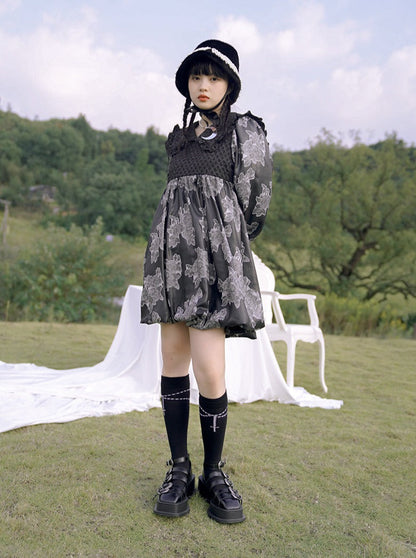 Jacquard Flower Bubble Girl Dader Clong Sleeve Dress