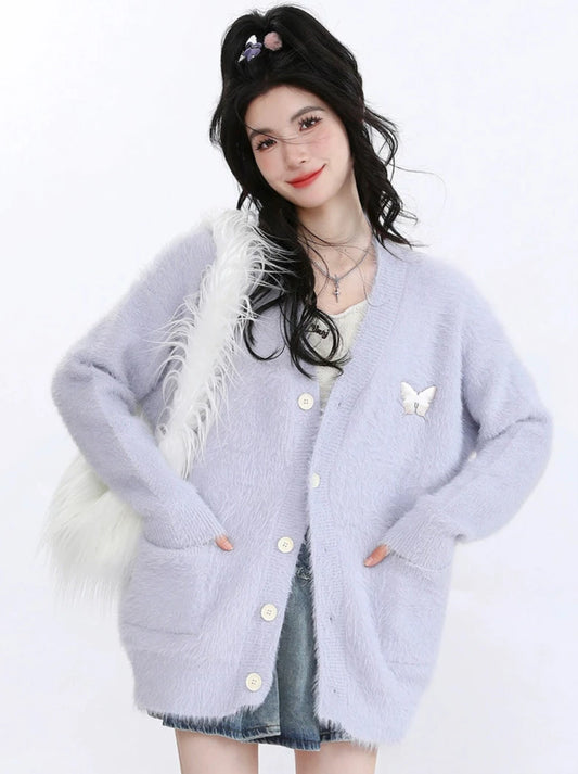 AONW autumn and winter new Korean sweet style soft butterfly collar cardigan knitted sweater women's loose lazy multi-color