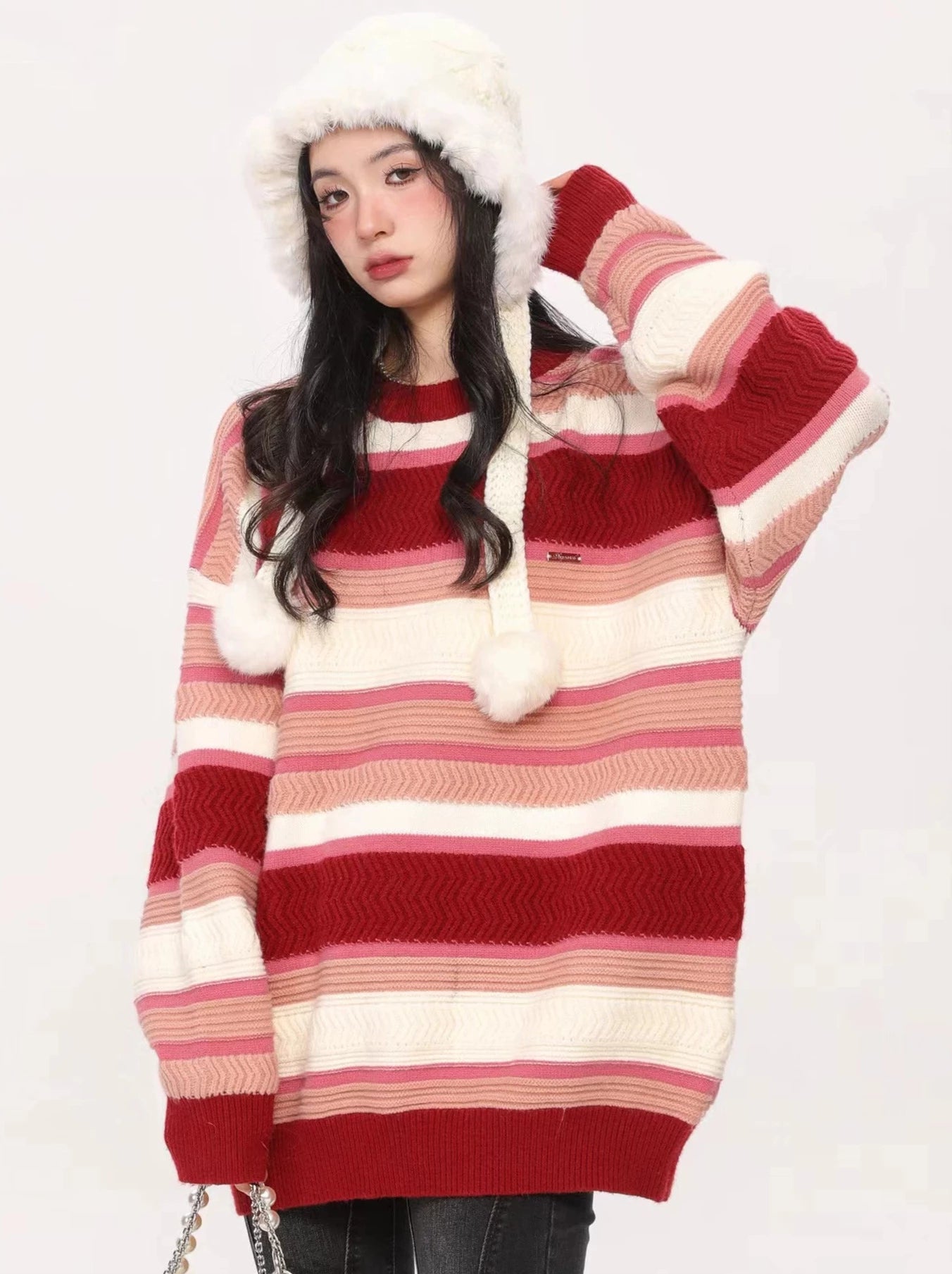 Loose Lazy Style Christmas Red Stripe Knit Sweater