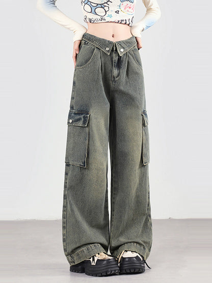 American Retro Straight Slimming Cuff Wide Leg Jeans