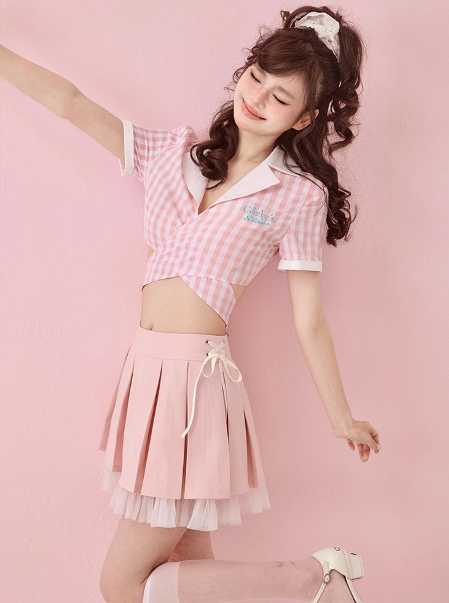 Layered mesh lace press pleated pink A line skirt