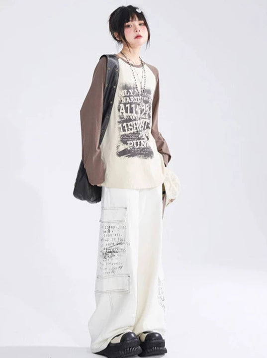 Loose Casual Colour Colour Block Block Raglan Sleeve Letter Printed Long T