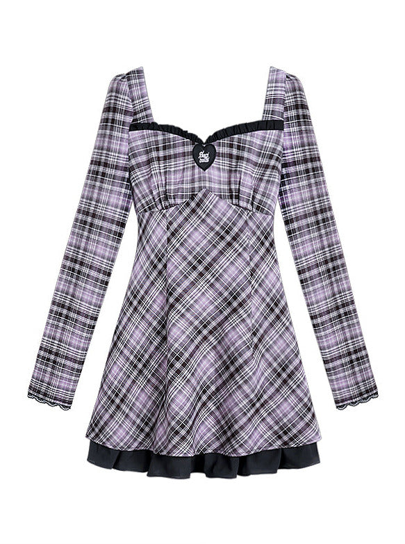 ブラックパープルグリッドワードバブルレースドレス