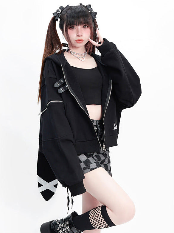 Bunny Ears Hoodie Zip Sleeve Short Loose Sweatshirt