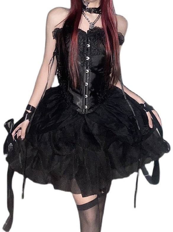 Cool Spicy Black Lace Up Viste + Tulle Skirt