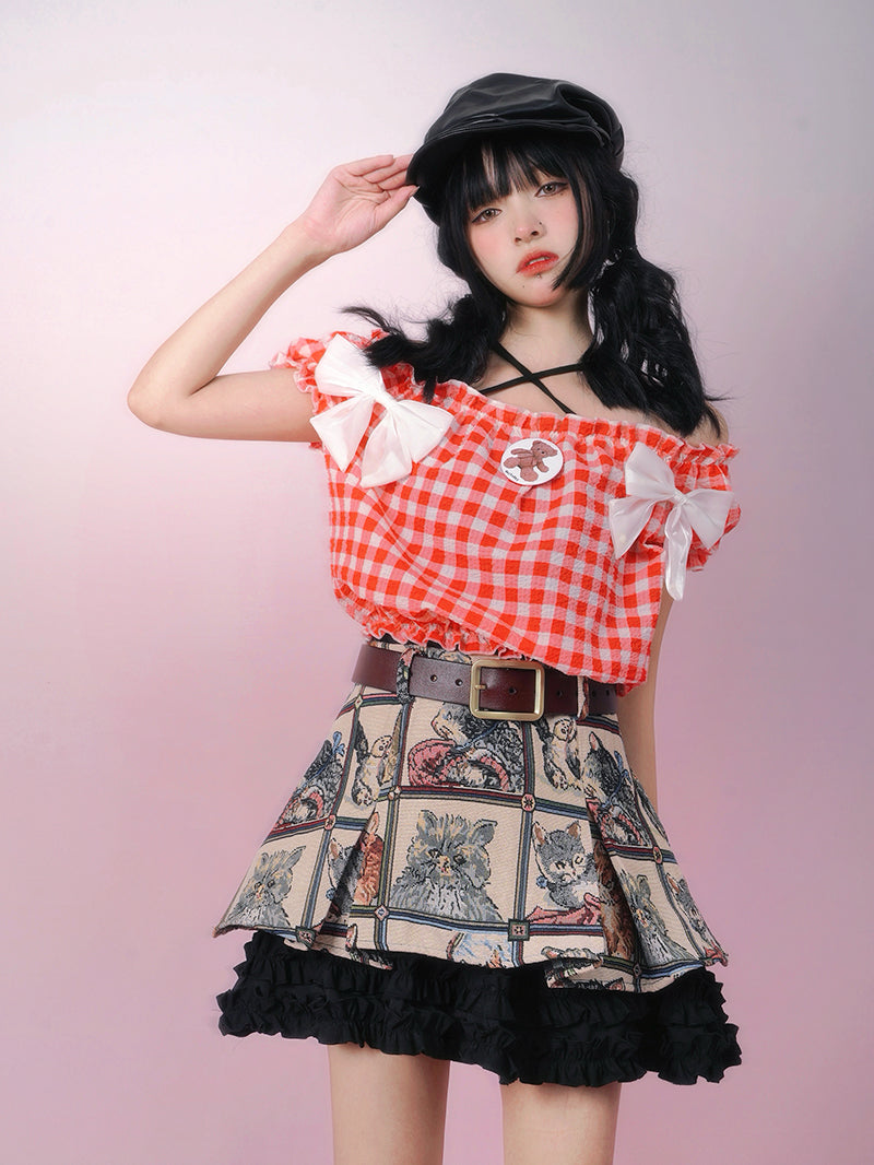 Retro Cat Jacquard frill stitch lace A line skirt