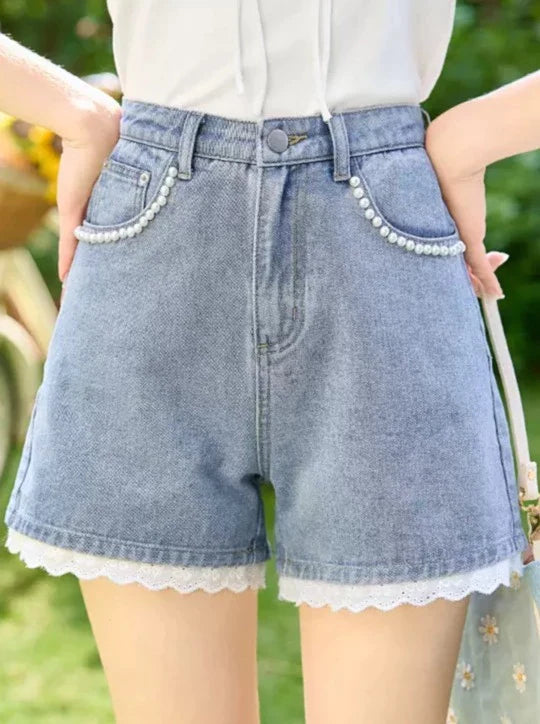 Pearl lace girly denim pants