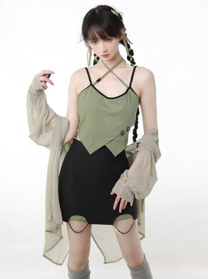 Summer End Sheer Sphong Shirt Cardde + Camisole + Skirt Set