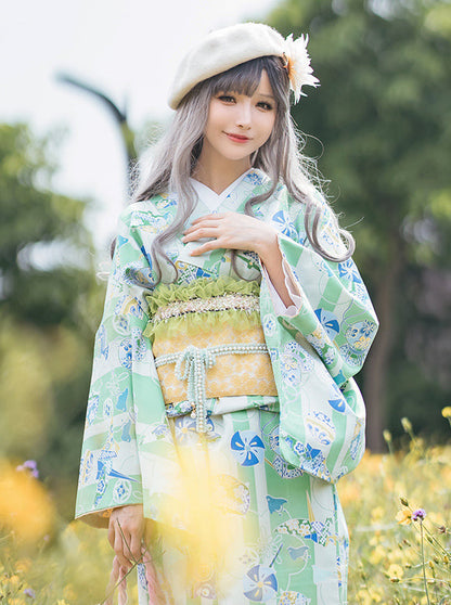 Floral green girly feminine summer festival yukata 9 piece set 