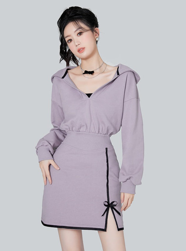 Purple food V neck casual dress