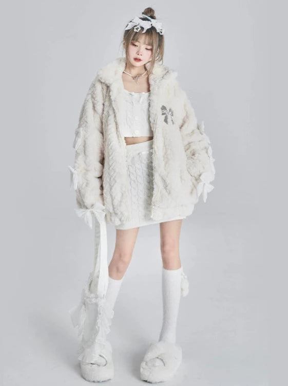 Design ribbon loose furry lamb's wool coat