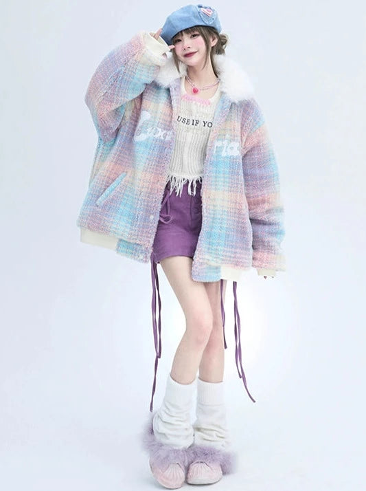 Niche Design Colorful Splicing Loose Lamb Wool Cotton Coat