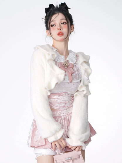 Princess Pink Velvet Lace Slim Top + Skirt + Fur Short Jacket