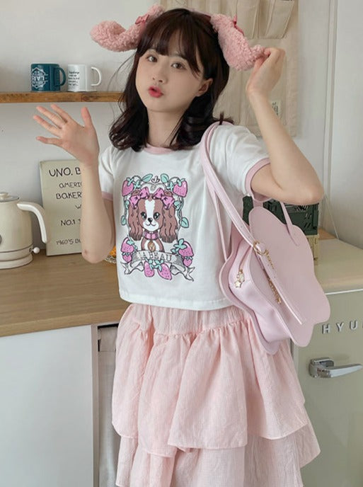 ドッグキュートプリントフラワーTシャツ