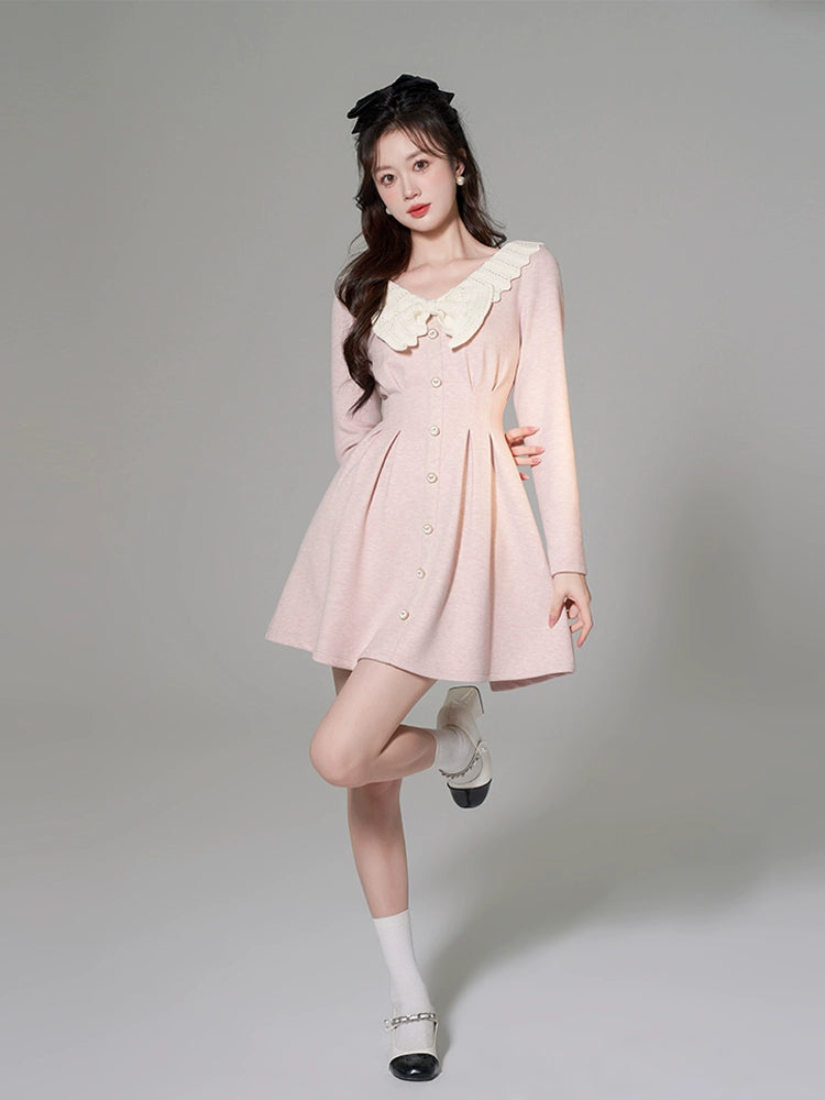 White Ribbon V-Neck Pink High-End Slim Waist Dress