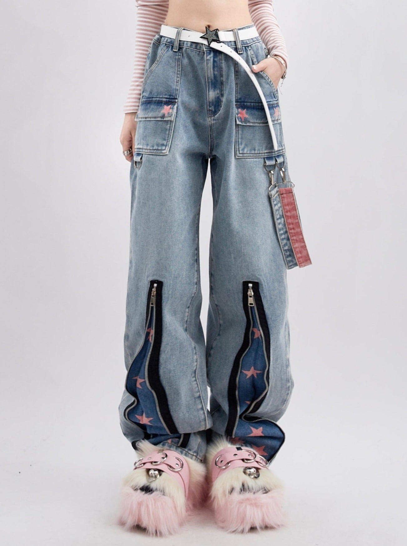 Denim zip -up loose straight casual pants