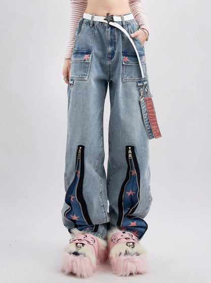 Denim zip -up loose straight casual pants