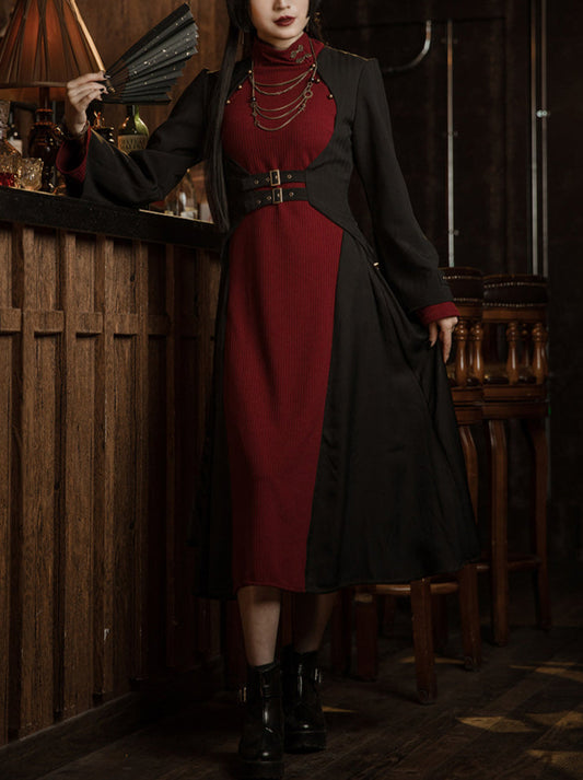 Retro Wine Red Black Oriental China Style Trumpet Sleeve Long Dress