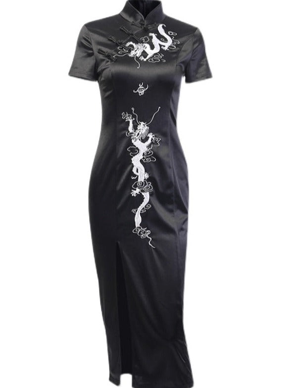 Slit High Waist Dark Long Skirt Cheongsam Dress