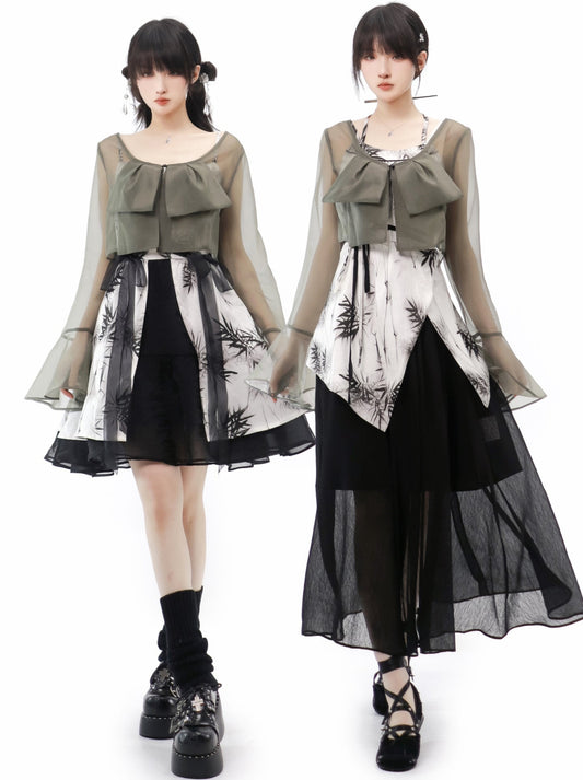 China Retro Print Sheer Cardigan Suspender Dress Set-Up
