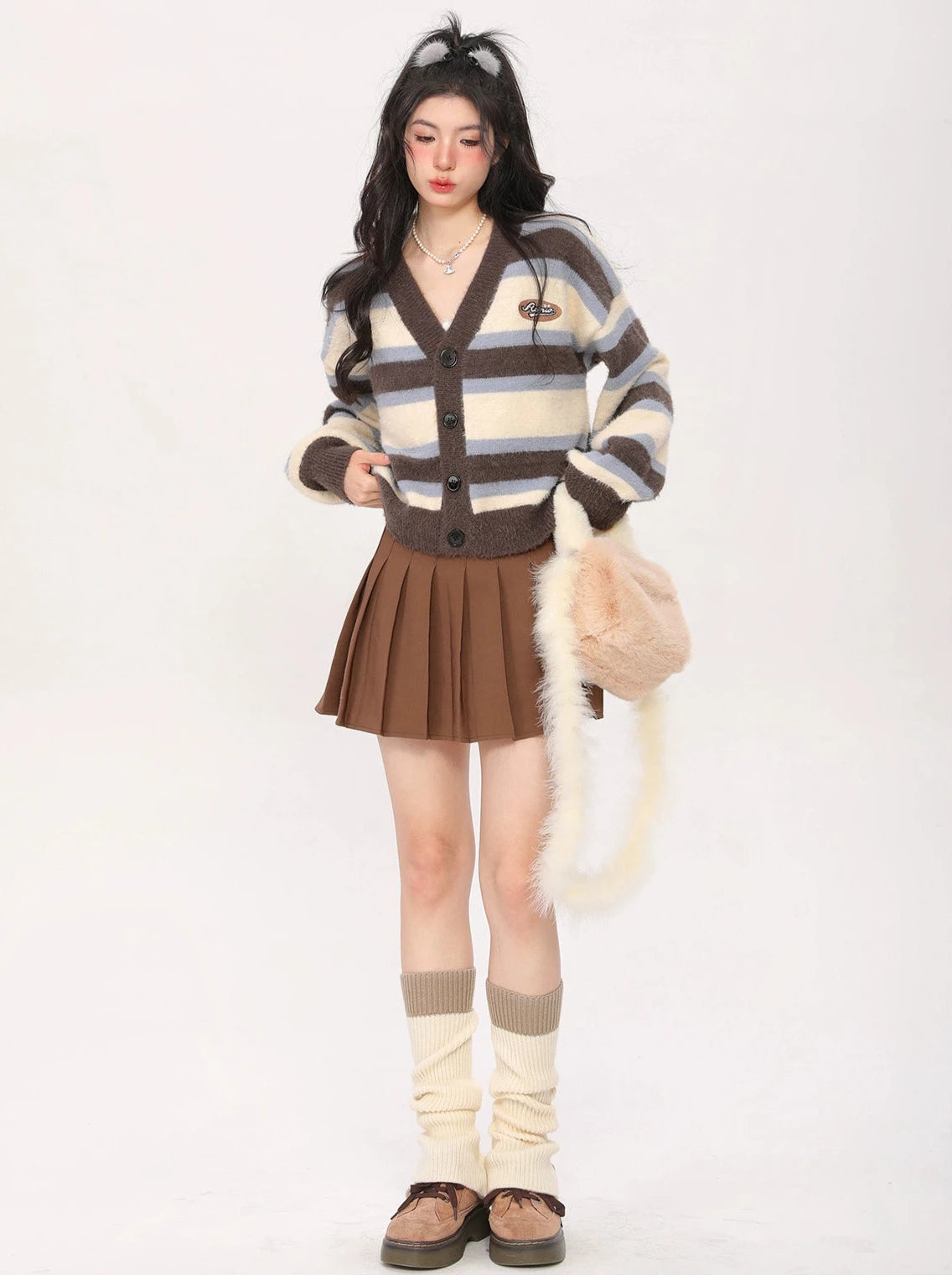 Hot Girl Style Loose V-Neck Short Striped Knit Cardigan